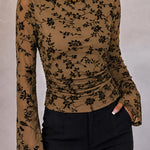 Women's Vintage Flocked Floral Mesh Top Boat Neck Ruched Flare Long Sleeve Tee
