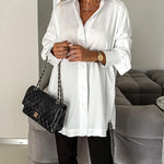 Women's Cotton Oversized Button Down Shirt Long Sleeve Blouse Casual Curved Hem Top
