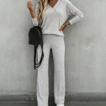 2 Pieces Outfit Button Decor V-Neck Long Sleeve Top and Elastic Waist Straight Leg Pants Set Casual Ribbed Set