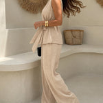 Women's 2 Piece Outfits V Neck Sleeveless Ruched Top and Wide Leg Pants Set Casual Commuting Set with Pockets