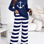 Women's 2 Piece Pajama Set Anchor Long Sleeve Top and Striped Wide Leg Pants Casual Lounge Set