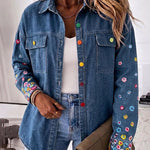 Women's Floral Embroidered Denim Jacket Colorful Button Down Jean Coat Casual Washed Shacket