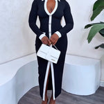 Pearls Button Decor Contrast Paneled Turn-down Collar Slit Front Dress Zipper Side Flap Detail Slim Fit Commuting Dress