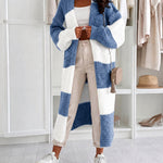 Women's Checkerboard Knit Cardigan Oversized Long Chunky Sweater Loose Lantern Sleeve Coat with Pockets