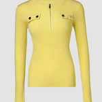 Crewneck Half Zipper Flap Detail Knit Sweater Long Sleeve Slim Fit Ribbed Pullover Top