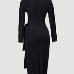 Cable Textured Overlap Deep V-Neck Long Sleeve Mid-Length Dress Tie Waist Slim Fit Knit Dress