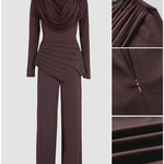 Cowl Neck Asymmetrical Textured Patchwork Cinched Waist Jumpsuit Casual Zipper Back Wide Leg Jumpsuit