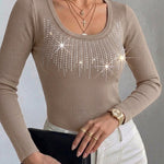 Women's Square Neck Long Sleeve Top Rhinestone Ribbed Knit Shirt Slim Fit Casual Sparkly Tee