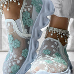 Floral Pattern Sheer Mesh Patch Round Toe Sneakers