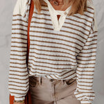 Women's Striped V Neck Colorblock Hooded Top Long Sleeve Casual Sweatshirt