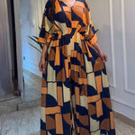 Colorblock Geometric Print V-Neck Batwing Sleeve Ruched Waist Overalls Casual Cinched Waist Wide Leg Jumpsuit
