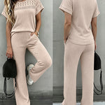 Women's 2 Piece Knit Set Lace Patchwork Short Sleeve Top and Wide Leg Pants Casual Ribbed Brushed Lounge Set