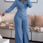 Women's 2 Piece Tracksuit Set Zip Lapel Tie Back Crop Top and Wide Leg Pants