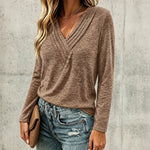 Women's Pleated V Neck T-Shirt Long Sleeve Button Decor Tee Casual Layering Top