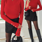 Mock Neck Long Sleeve Button Detail Tee Slim Fit Pullover Top