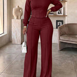 2 Pieces Outfit O-neck Long Sleeve Cinched Waist Sweatshirt and Elastic Waist Wide Leg Pants Set Casual Seam Design Sweatpants Set