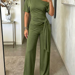 Women's Skew Neck 2 Piece Outfits Ruched Tie Waist Short Sleeve Top and High Waisted Wide Leg Pants Lounge Set