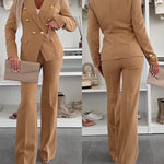 2 Pieces Outfit Notched Collar Double-Breasted Flap Detail Coat and Zipper Fly Elastic Back Waist Slim Fit Flared Pants Set Casual Blazer Set
