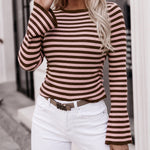 Women's Striped Boat Neck Ribbed Flare Sleeve Top Slim Fit Ruched Pullover