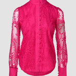 Women's Elegant Mesh Patchwork Shirt Floral Embroidery Stand Collar Pearl Button Long Sleeve Blouse