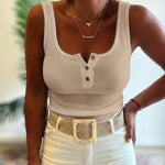 U-Neck Sleeveless Half Button Front Tank Slim Fit Backless Knit Waffle Tank Top