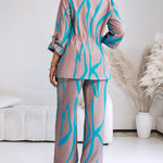 2 Pieces Outfit Shawl Lapel Turn-Up Sleeves Drawstring Waist Open Front Coat and Elastic Back Waist Wide Leg Pants Set Casual Abstract Print Commuting Set