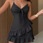 Women's Adjustable Chain Strap Tie Front Ruffle Hem Dress Backless Shirred Ruched Cami Mini Dress