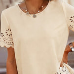 Round Neck Short Sleeve Eyelet Embroidery Tee Casual Scallop Trim Top