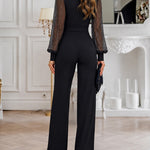 Women's Deep V Neck Sequin Mesh Lantern Sleeve Jumpsuit Elegant High Waist Overalls with Belt