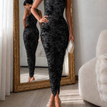 Women's Flocking Floral Mesh Midi Dress Mock Neck Sleeveless Ruched Bodycon Dress Sheer Overlay Cocktial Party Dress