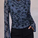 Women's Vintage Flocked Floral Mesh Top Boat Neck Ruched Flare Long Sleeve Tee