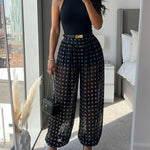 CHICME Women's Polka Dot Sheer Lantern Pants High Waist Loose Fit Harem Pants Vintage See-Through Trousers with Lining