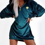 Velvet Fuzzy Trim Hooded Mini Dress Long Sleeve Zipper Design Sweatshirt Pullover Casual Dress