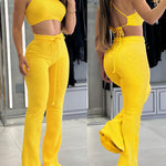 2 Pieces Outfit Halter Backless Tied Detail Crop Top and High Waist Drawstring Elastic Waist Slim Fit Flared Pants Set Casual Waffle Set