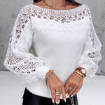 Crewneck Guipure Lace Long Sleeve Hollow Out Knit Sweaters Pullover Tops
