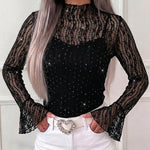 Women's 2 Piece Outfit Rhinestone Mock Neck Flare Sleeve Sheer Mesh Top with Adjustable Cami Top