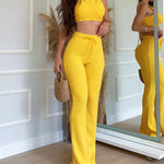 2 Pieces Outfit Halter Backless Tied Detail Crop Top and High Waist Drawstring Elastic Waist Slim Fit Flared Pants Set Casual Waffle Set
