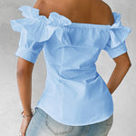 Ruffles Off Shoulder Short Sleeve Button Front Blouse Asymmetrical Hem Top