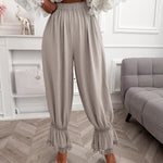Women's Lace Patchwork Pants Elastic High Waist Hollow Out Ruffle Hem Lantern Trousers Casual Loose Lounge Pants
