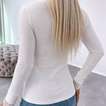 Women's Ribbed Knit Top French V Neck Lace Trim Long Sleeve Shirt Slim Fit Elastic Blouse