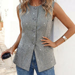 Women's Sparkly Tweed Vest Button Down Sleeveless Slit Hem Top
