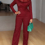 2 Pieces Outfit Cowl Neck Lace Spliced Long Sleeve Top and Elastic Waist Wide Leg Pants Set Casual Glitter Set