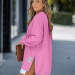 Letter Patch Detail Long Sleeve Drop Shoulder Pullover Sweatshirt Casual Zipper Side Slit Top