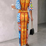 Women's Vintage Baroque Print Maxi Dress Sexy V Neck Ruched Drawstring Bodycon Dress High Slit Party Dress