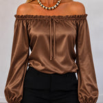 Women's Off Shoulder Satin Frill Trim Tie Front Lantern Sleeve Top