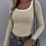 Women's Striped U-Neck Long Sleeve Slim Fit Ribbed Knit Top Casual Layering Top
