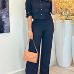 2 Pieces Outfit Turn-down Collar Turn-Up Sleeves Button Front Flap Pockets Design Top and Causal Zipper Fly Elastic Back Waist Wide Leg Pants Set
