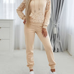 2 Pieces Outfit Guipure Lace Spliced Kangaroo Pocket Drawstring Hoodie Sweatshirt and Drawstring Elastic Waist Jogger Sweatpants Set