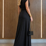 Women's Boat Neck Ruched Maxi Dress Gold Buckle Cap Sleeve Formal Evening Gown