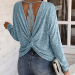 Women's Long Sleeve Knit Top Backless Twist Lace Panel Casual Tee